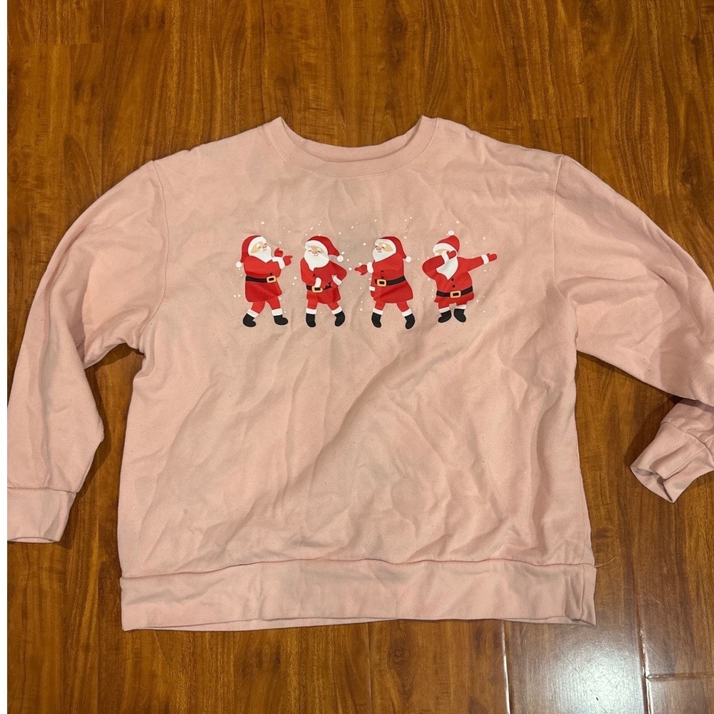 Holiday Shirt Top Dec 25th Women's Crewneck Chistmas Dancing Santa Pink Red XL